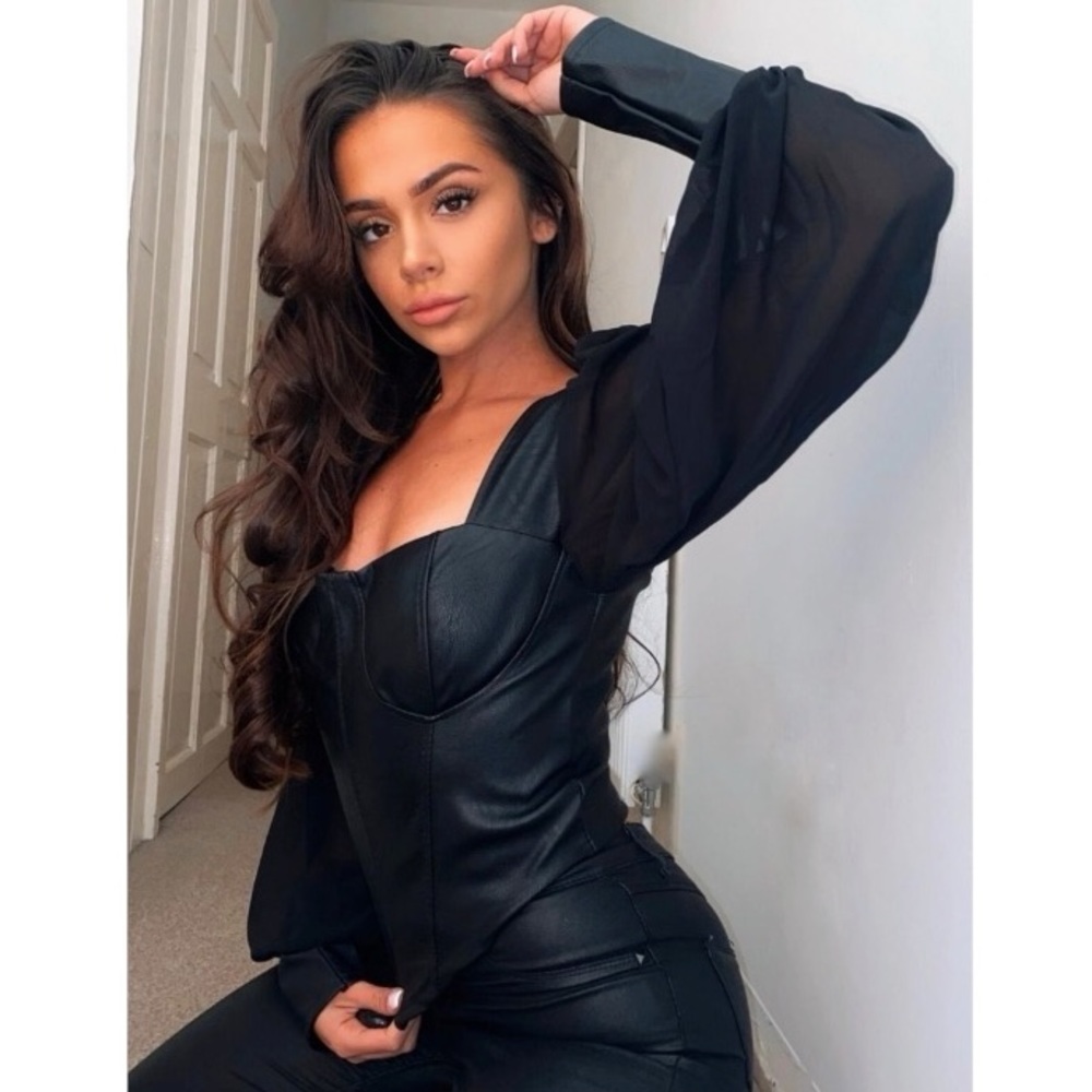 Black Vegan Leather Faux Leather Long Sleeve Bustier Top - Picture 10 of 10